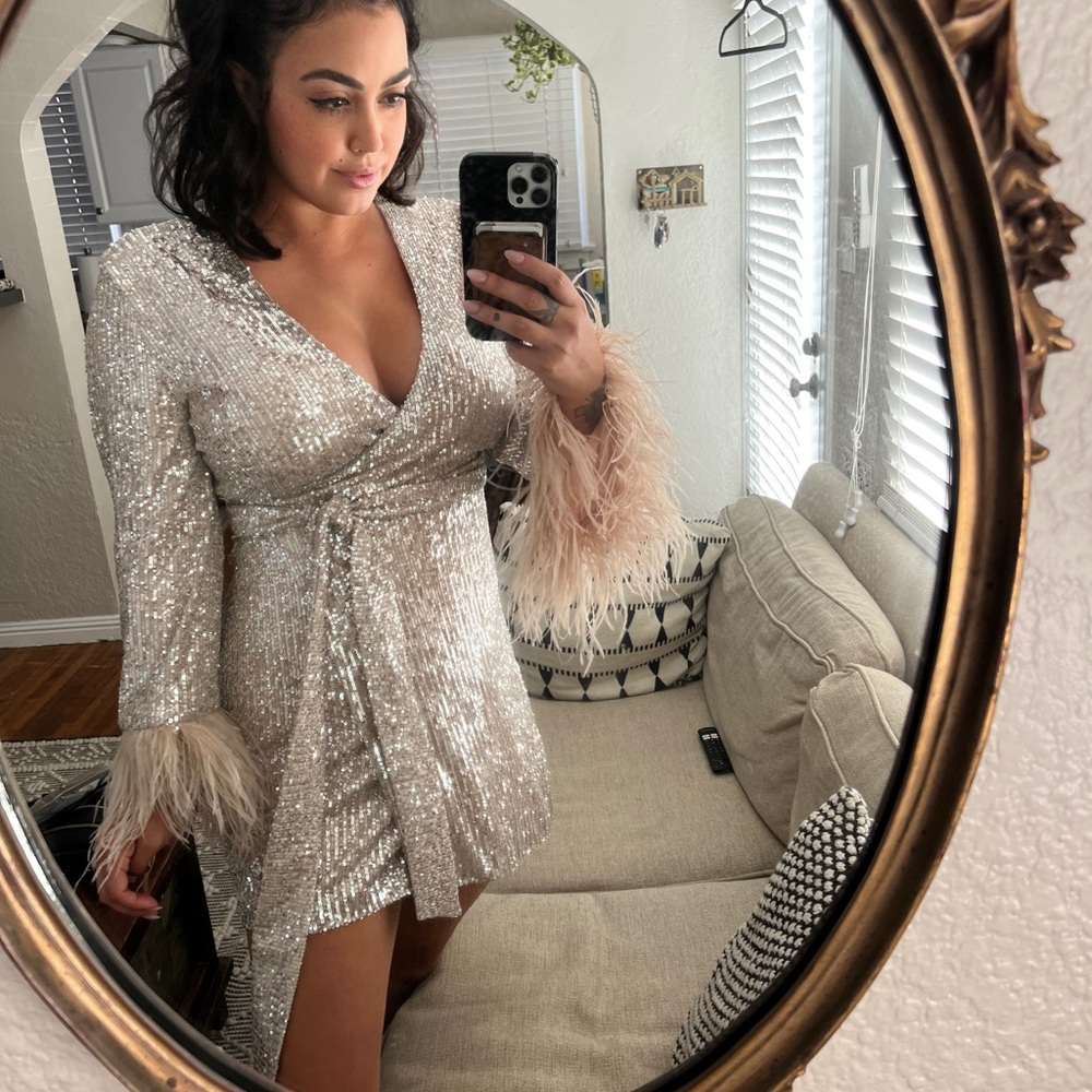 Likely Silver Sequin Wrap Dress with Feathered Cuffs